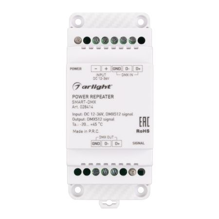 Оборудование Arlight 028414 Усилитель SMART-DMX (12-36V, 1CH, DIN) (Arlight, IP20 Пластик, 5 лет) по выгодной цене. Купить в Москве со скидкой.