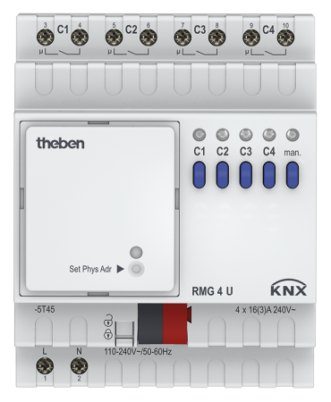 Theben 4930223 4-м канальный релейный актуатор. Линейка MIX2 RMG 4 U KNX