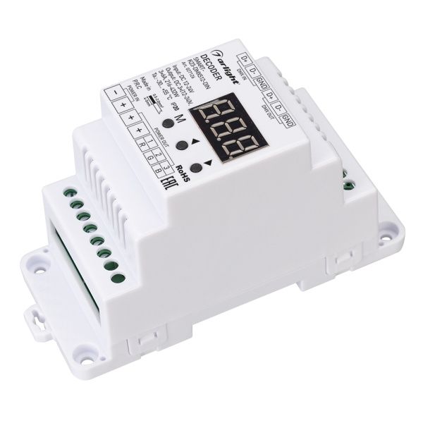 Оборудование Arlight 027126 Декодер SMART-K23-DMX512-DIN (12-24V, 3x6A) (Arlight, IP20 Пластик, 5 лет) по выгодной цене. Купить в Москве со скидкой.