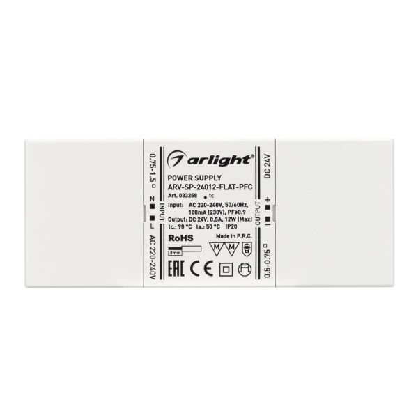 Оборудование Arlight 033258 Блок питания ARV-SP-24012-FLAT-PFC (24V, 0.5A, 12W) (Arlight, IP20 Пластик, 5 лет) по выгодной цене. Купить в Москве со скидкой.