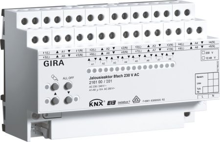 Gira 216100 Исполнительное устройство жалюзи KNX, 8-канал. AC 230 В/DC 12 - 48 В с ручным управлением