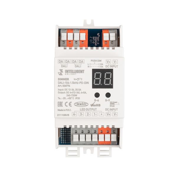 Оборудование Arlight 026774 INTELLIGENT ARLIGHT Диммер DALI-104-1.5kHz-PD-DIN (12-36V, 4х5А) (IARL, DIN-рейка) по выгодной цене. Купить в Москве со скидкой.