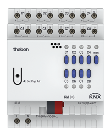 Theben 4940220 8-х канальный релейный актуатор. Линейка FIX1 RM 8 S KNX