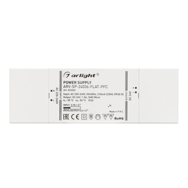 Оборудование Arlight 033260 Блок питания ARV-SP-24036-FLAT-PFC (24V, 1.5A, 36W) (Arlight, IP20 Пластик, 5 лет) по выгодной цене. Купить в Москве со скидкой.