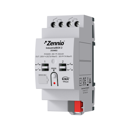 Zennio ZIOINB2 IndustrialBOX 2. Промышленный привод с 2 выходами (20 А, 200 мкФ), механическое ручное управление и KNX Secure