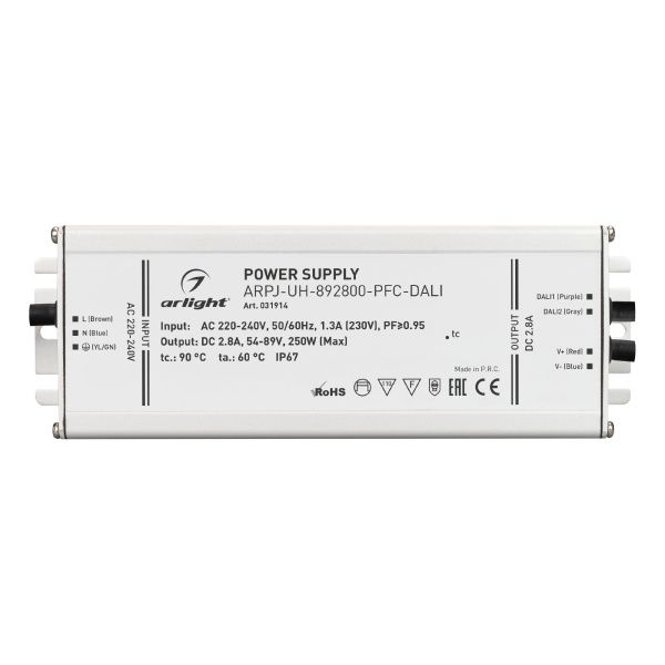 Оборудование Arlight 031914 Блок питания ARPJ-UH-892800-PFC-DALI (250W, 2.8A) (Arlight, IP67 Металл, 7 лет) по выгодной цене. Купить в Москве со скидкой.