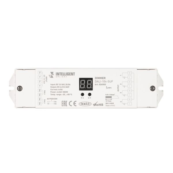 Оборудование Arlight 026503 INTELLIGENT ARLIGHT Диммер DALI-104-SUF (12-36V, 4х5А) (IARL, IP20 Пластик, 3 года) по выгодной цене. Купить в Москве со скидкой.