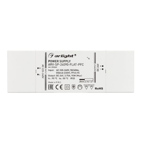 Оборудование Arlight 033262 Блок питания ARV-SP-24090-FLAT-PFC (24V, 3.75A, 90W) (Arlight, IP20 Пластик, 5 лет) по выгодной цене. Купить в Москве со скидкой.