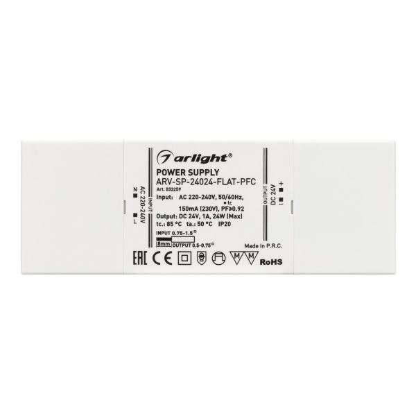 Оборудование Arlight 033259 Блок питания ARV-SP-24024-FLAT-PFC (24V, 1A, 24W) (Arlight, IP20 Пластик, 5 лет) по выгодной цене. Купить в Москве со скидкой.