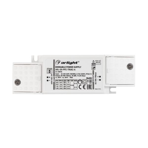 Оборудование Arlight 028186 Блок питания ARJ-20-PFC-TRIAC-A (20W, 500-700mA) (Arlight, IP20 Пластик, 5 лет) по выгодной цене. Купить в Москве со скидкой.