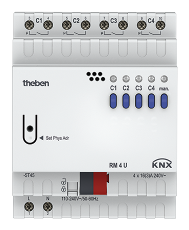 Theben 4940223 4-х канальный релейный актуатор. Линейка FIX1 RM 4 U KNX