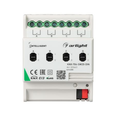 Оборудование Arlight 025663 INTELLIGENT ARLIGHT Релейный модуль KNX-704-SW20-DIN (BUS, 4x20A) (Arlight, -) по выгодной цене. Купить в Москве со скидкой.