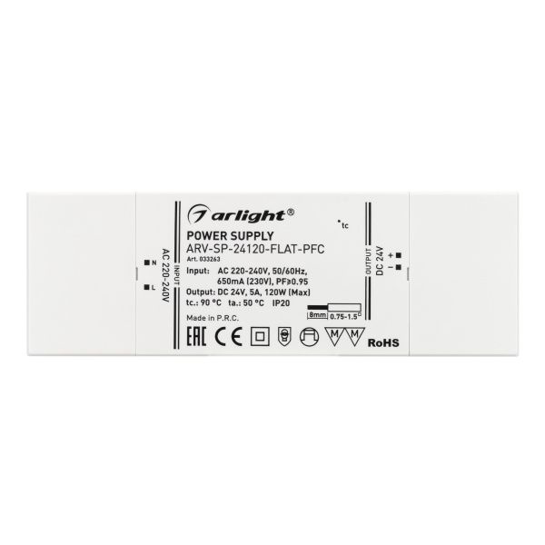 Оборудование Arlight 033263 Блок питания ARV-SP-24120-FLAT-PFC (24V, 5A, 120W) (Arlight, IP20 Пластик, 5 лет) по выгодной цене. Купить в Москве со скидкой.