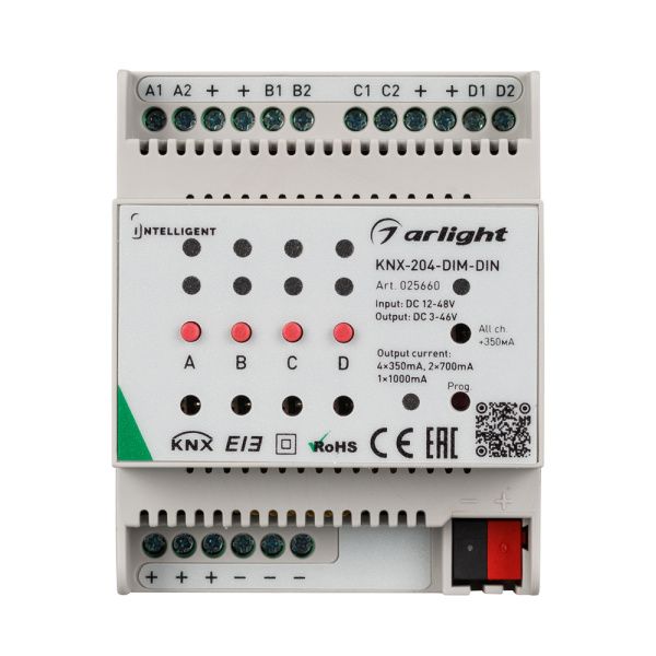 Оборудование Arlight 025660 INTELLIGENT ARLIGHT Диммер KNX-204-DIM-DIN (12-48V, 8x0.35/4x0.7/2x1A) (IARL, Пластик) по выгодной цене. Купить в Москве со скидкой.