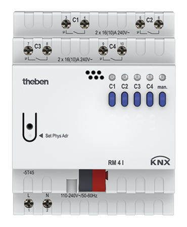 Theben 4940210 Актуатор: 4 каналов реле С-Load с измерением тока FIX1 RM 4 I KNX